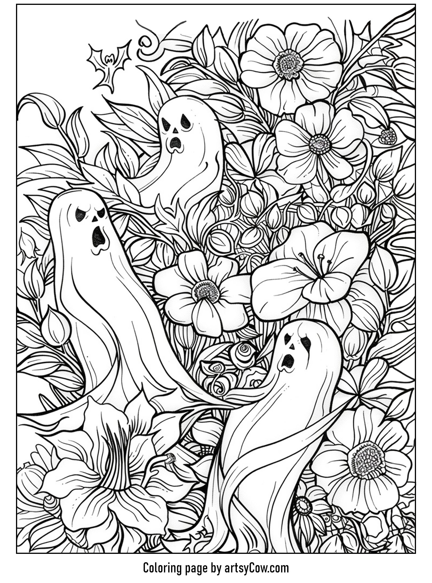 halloween ghost mandala, featuring playful ghosts emerging joyfully amongst an intricate floral background.